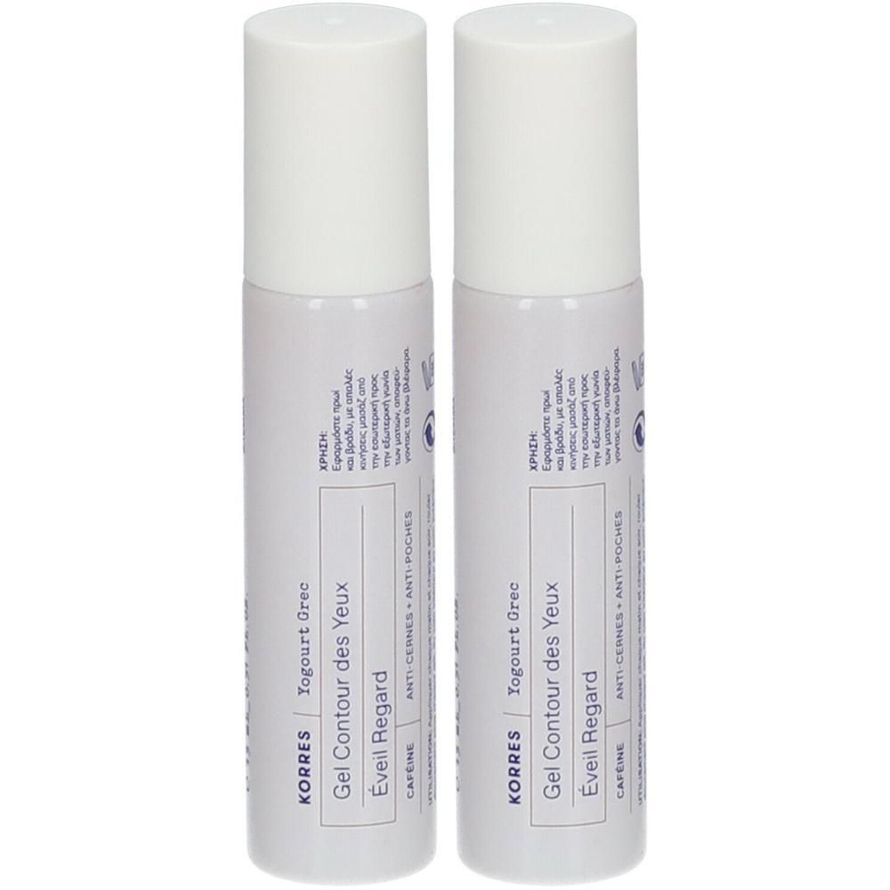 Twee flacons Korres Gel Contour Yeux Éveil Regard met witte doppen. Etikettering in het Frans en Grieks.