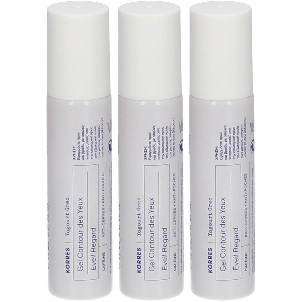 Drie flacons Korres Oogcontour Gel met witte dop. Etikettering in het Frans en Grieks.