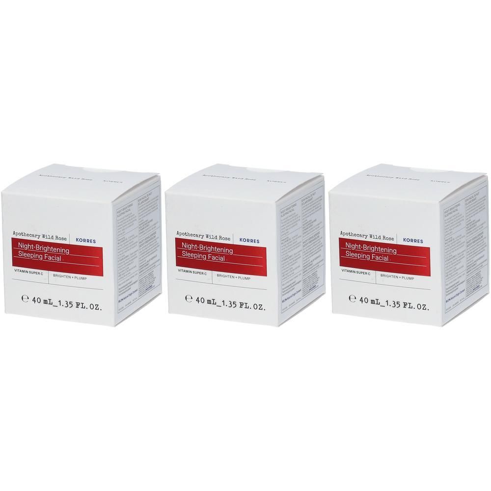Trois boîtes de soin facial de nuit éclaircissant Korres, 40 ml chacune.