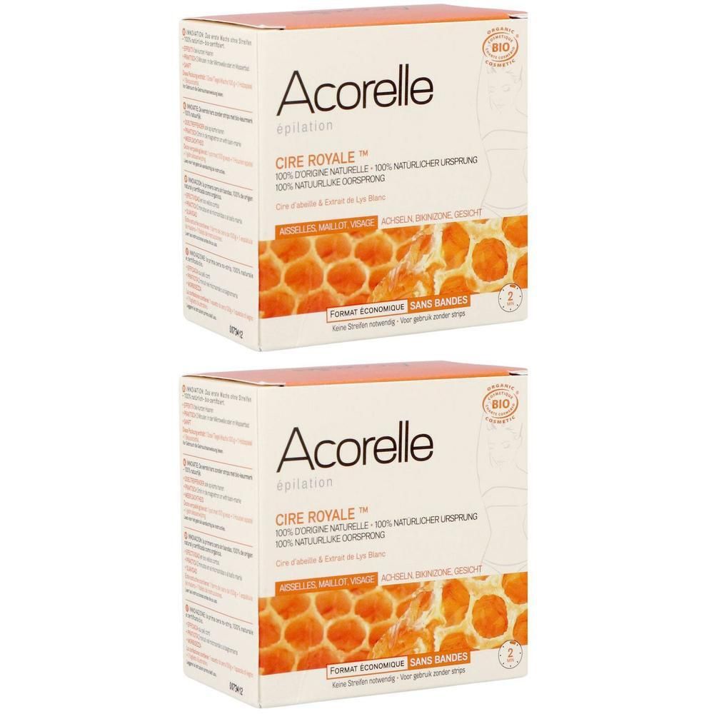 Deux boîtes de cire royale Acorelle pour l'épilation, motif nid d'abeille.
