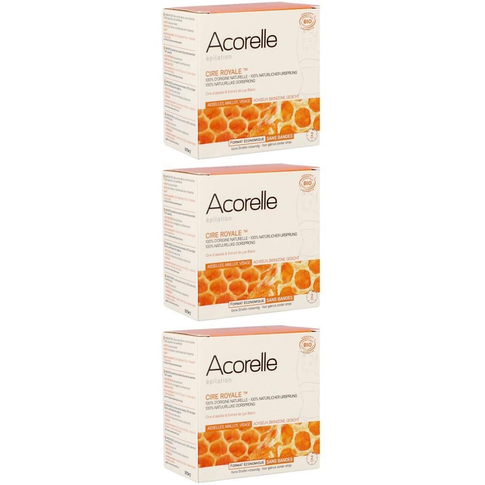 Acorelle Cire royale : Trois boîtes avec motif de nid d'abeille et informations produit.