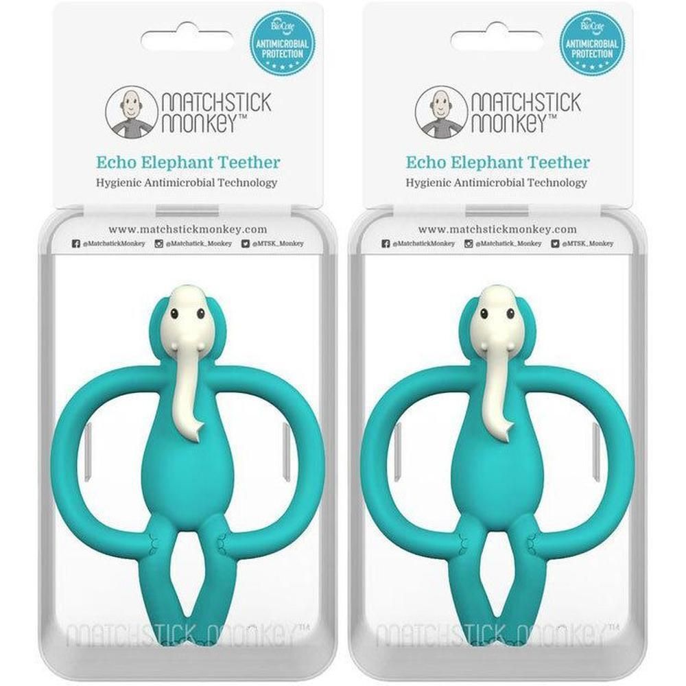 Deux anneaux de dentition éléphant turquoise avec technologie antimicrobienne hygiénique, emballés.