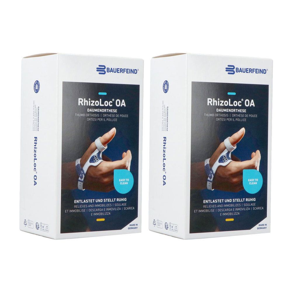 Twee verpakkingen Bauerfeind RhizoLoc OA Duimbrace. Toont een hand met een witte en blauwe duimbrace.