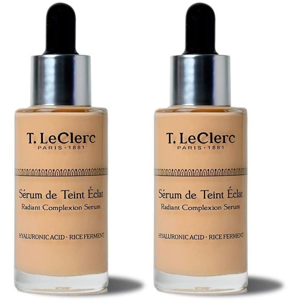 Deux flacons de Sérum de Teint Éclat T. LeClerc avec compte-gouttes. Couleur claire.