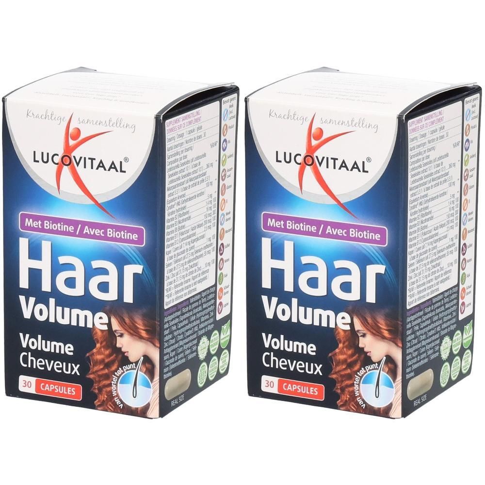 Deux boîtes de Lucovitaal Hair Volume, capsules avec biotine. Contient 30 capsules par boîte.