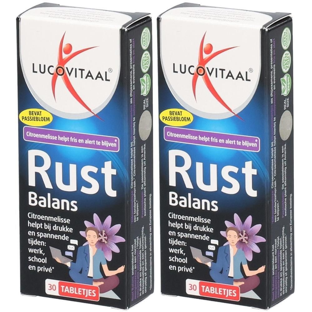 Deux paquets de comprimés Lucovitaal Rust Balans, chacun contenant 30 comprimés. Contient de la passiflore et de la mélisse.