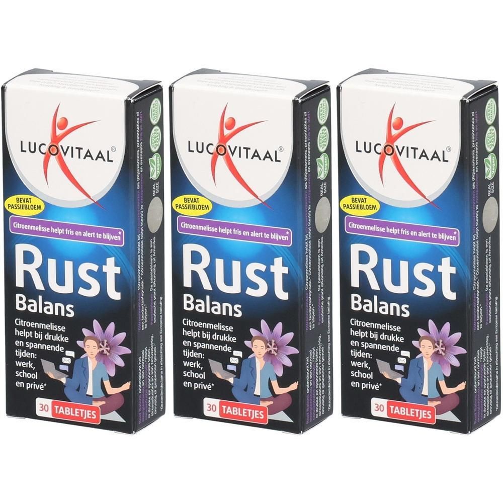 Drie pakken Lucovitaal Rust Balans tabletten, 30 tabletjes per pak.