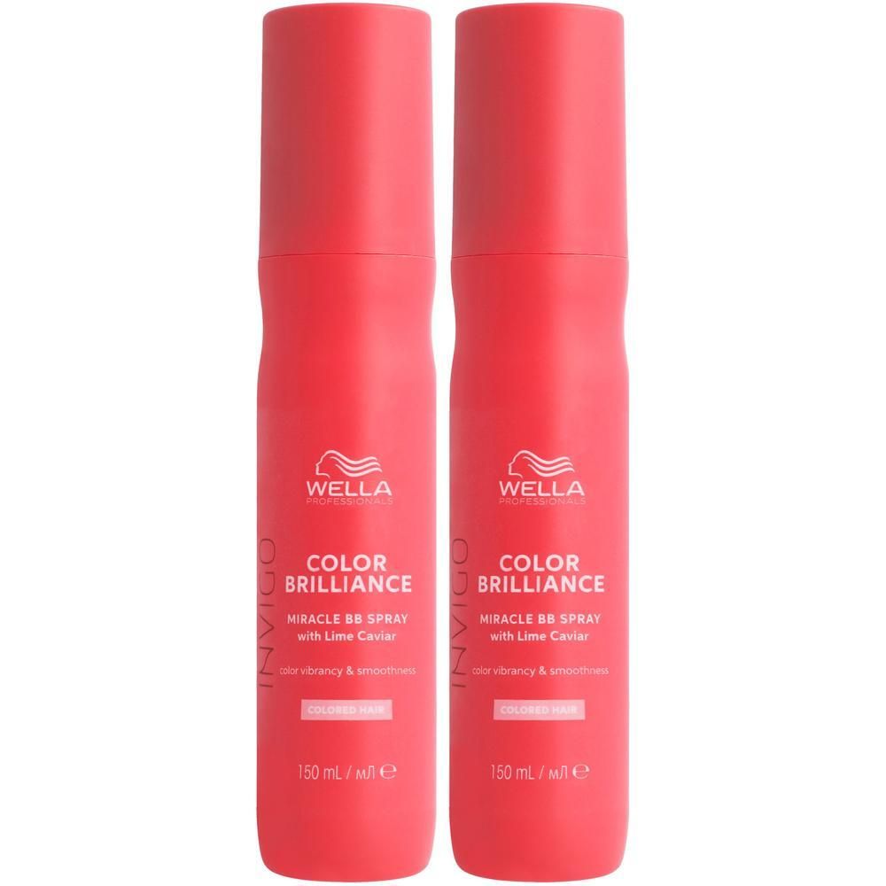 Twee rode spuitflessen Wella Invigo Color Brilliance Miracle BB Spray, elk 150 ml.