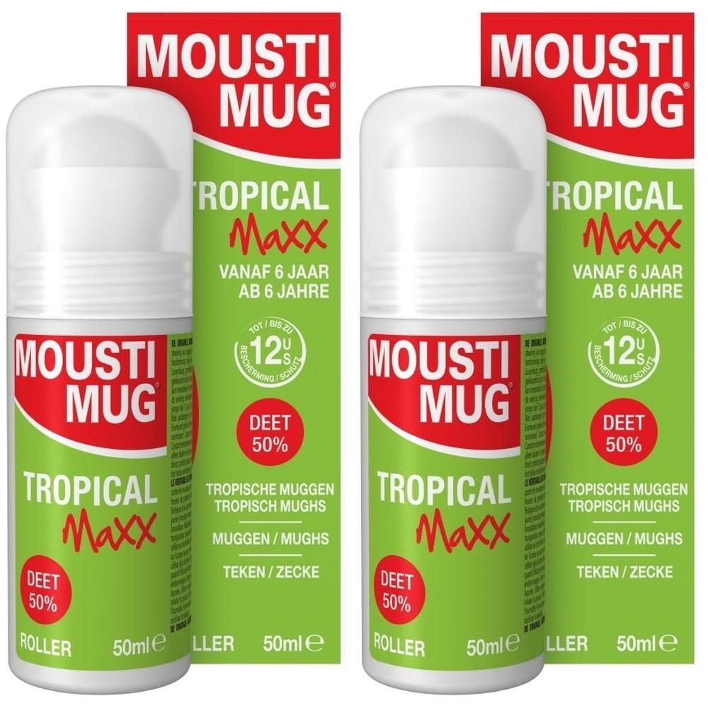 Twee Mousti Mug Tropical Maxx Rollers (50ml) met 50% DEET, voor kinderen vanaf 6 jaar.