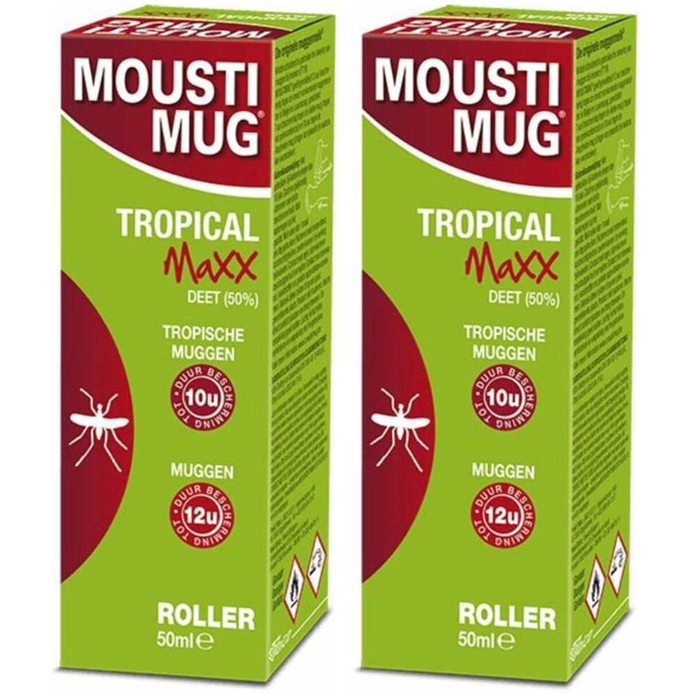 Twee verpakkingen Mousti Mug Tropical Maxx Roller met 50% DEET.