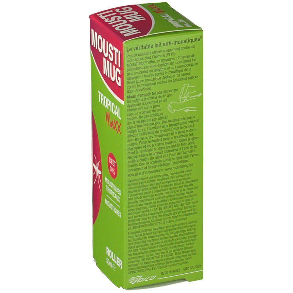 Achterkant van een Mousti Mug Tropical Maxx Roller verpakking met gebruiksinstructies.