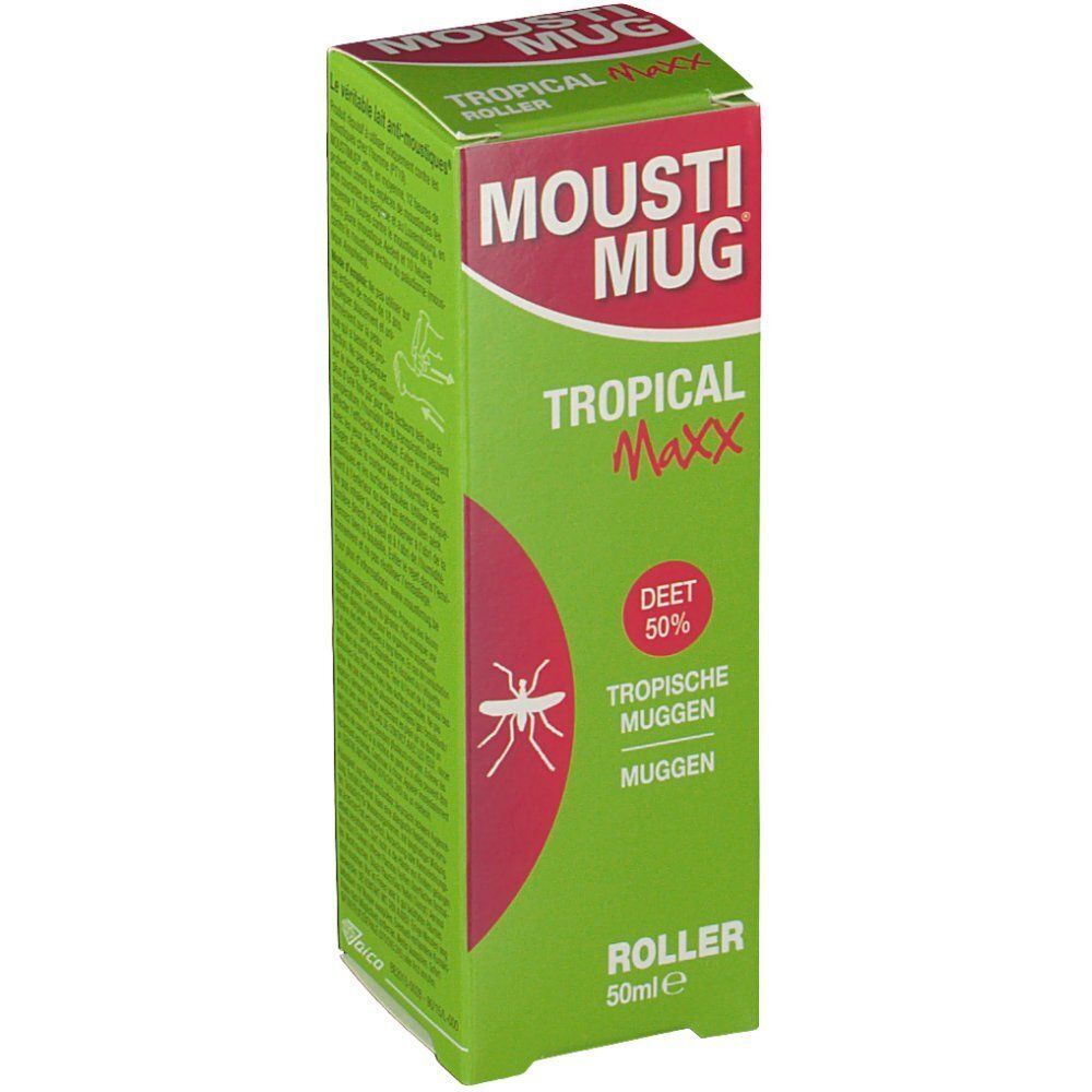 Eén Mousti Mug Tropical Maxx Roller verpakking met 50% DEET, zijaanzicht.