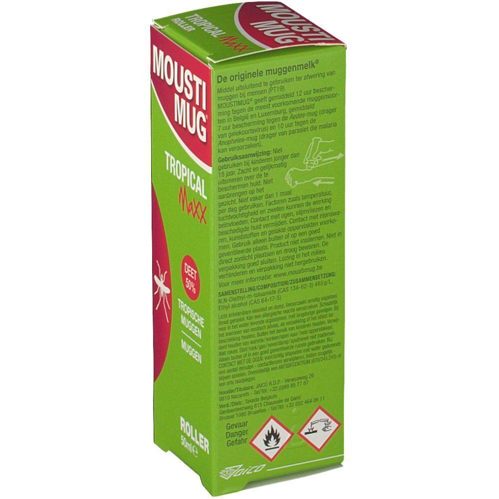 Achterkant van een Mousti Mug Tropical Maxx Roller verpakking met waarschuwingen en ingrediënten.