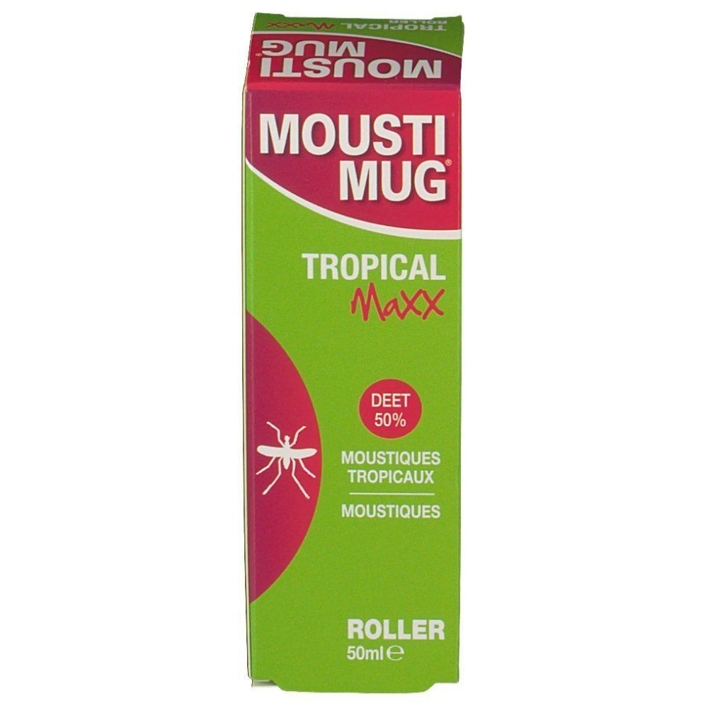 Eén Mousti Mug Tropical Maxx Roller verpakking met 50% DEET, vooraanzicht.