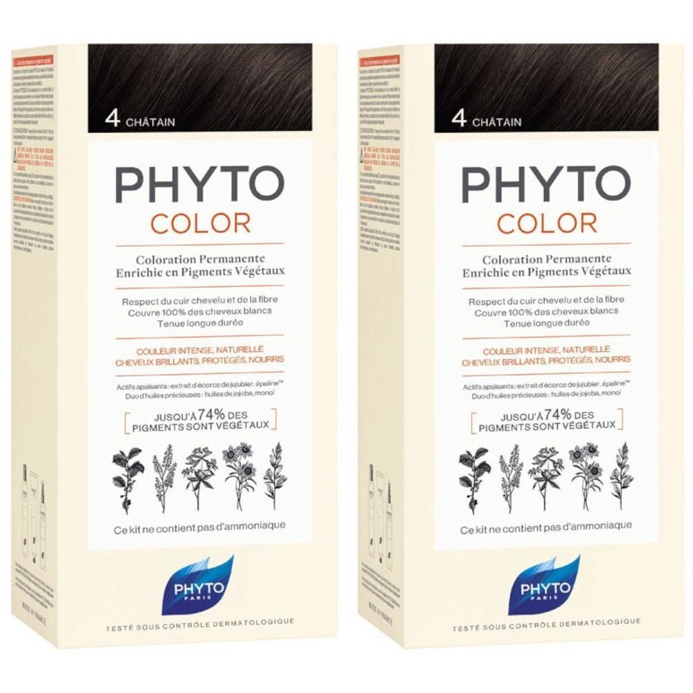 Deux boîtes de PHYTO COLOR coloration permanente, teinte 4 Châtain. Contient des pigments végétaux.