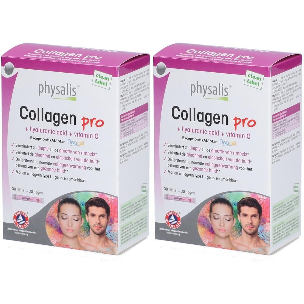 Twee pakken Physalis Collagen Pro met hyaluronzuur en vitamine C. Bevat 30 sticks.