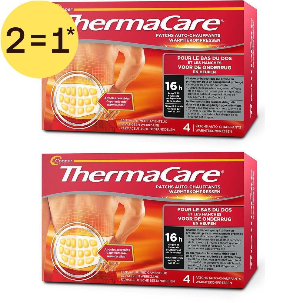 Deux boîtes de patchs auto-chauffants ThermaCare pour le bas du dos.