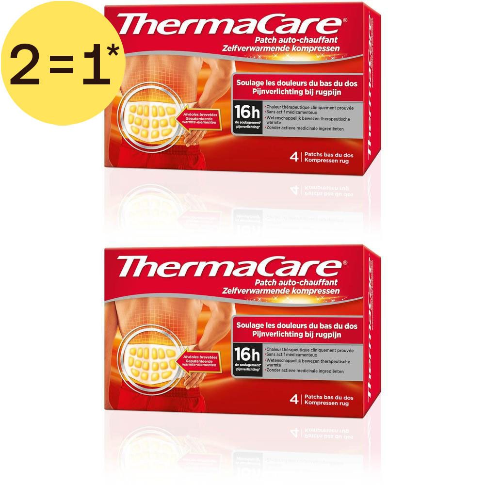 Twee pakken ThermaCare zelfverwarmende pleisters voor de onderrug.