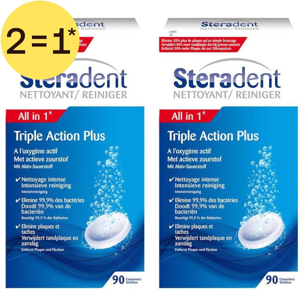 Twee pakken Steradent All in 1 Triple Action Plus prothese reinigingstabletten, 90 tabletten, met 2=1* sticker.