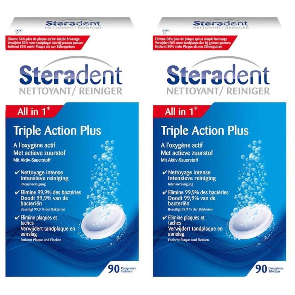 Twee pakken Steradent All in 1 Triple Action Plus prothese reinigingstabletten, 90 tabletten per pak.