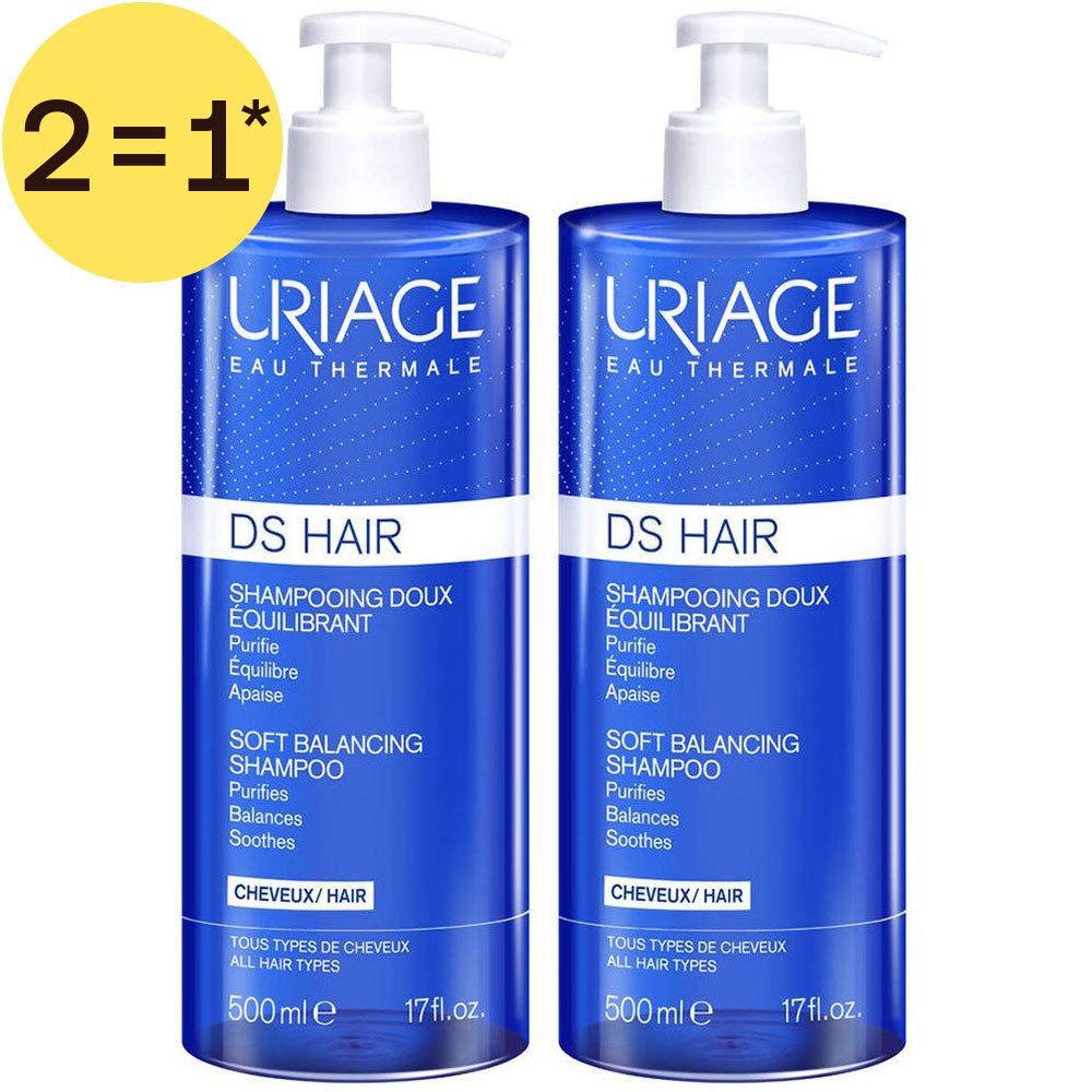 Twee blauwe flacons Uriage DS Hair Shampooing Doux Équilibrant met pomp, elk 500ml.