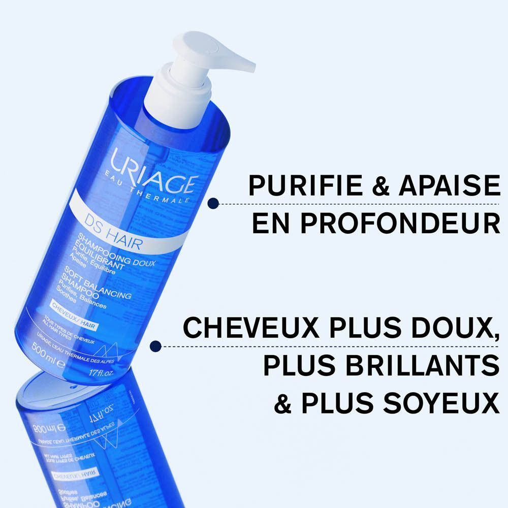 Cheveux humains lavés avec un shampooing moussant. Étiquettes: 'Cuir chevelu sensible', 'Shampooing moussant doux', 'Sans savon', 'Parfum frais & floral'.