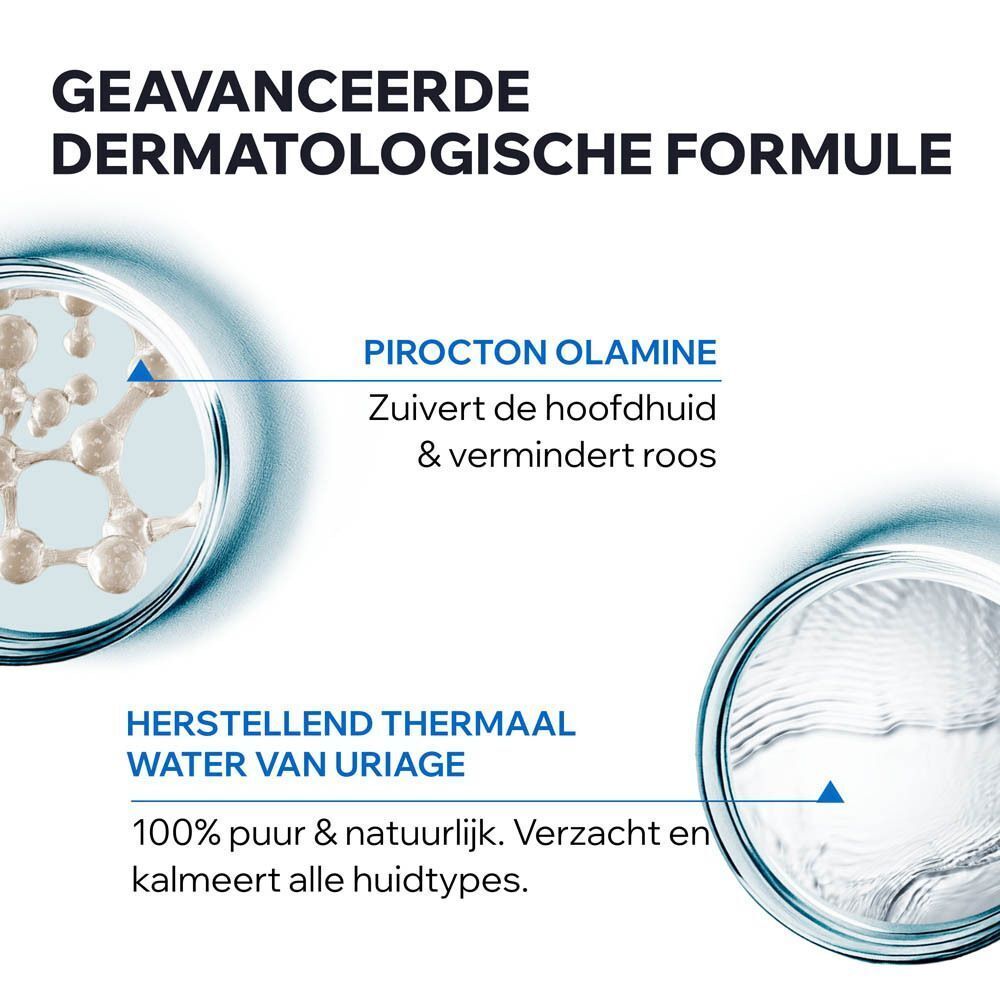 Menselijk haar wordt gewassen met schuimende shampoo. Labels: 'Alle haartypes', 'Milde schuimende shampoo', 'Frisse & bloemige geur'.