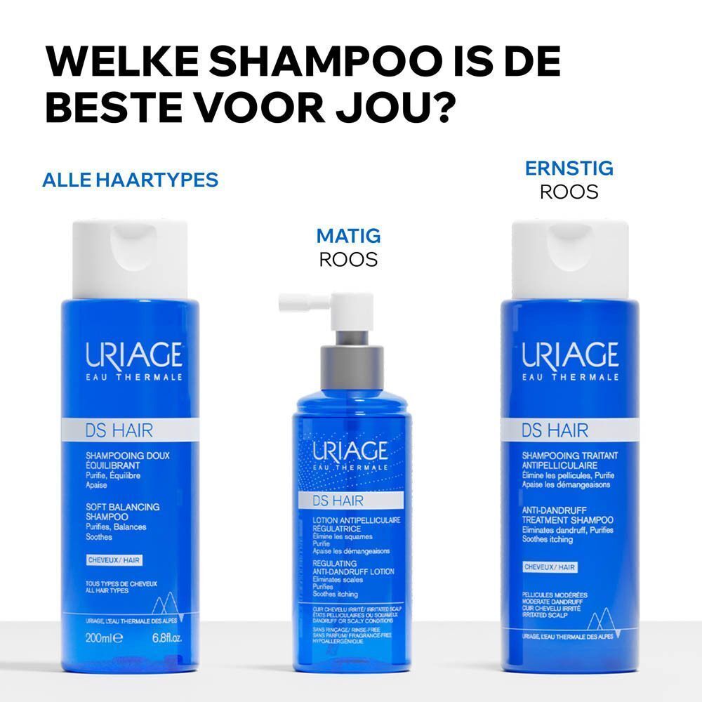 Grafiek met iconen en teksten over de voordelen van Uriage DS Hair Shampooing Doux Équilibrant: 'Ontwikkeld & aanbevolen door dermatologen', 'Geschikt voor alle haartypes', 'Geen irritaties aan de ogen'.