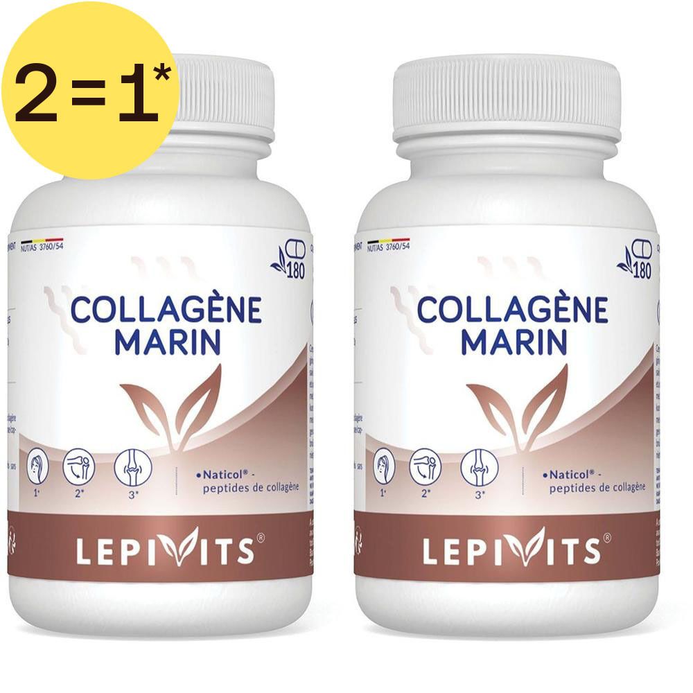 Twee potten Lepivits Marine Collageen. Gele cirkel met "2=1*".