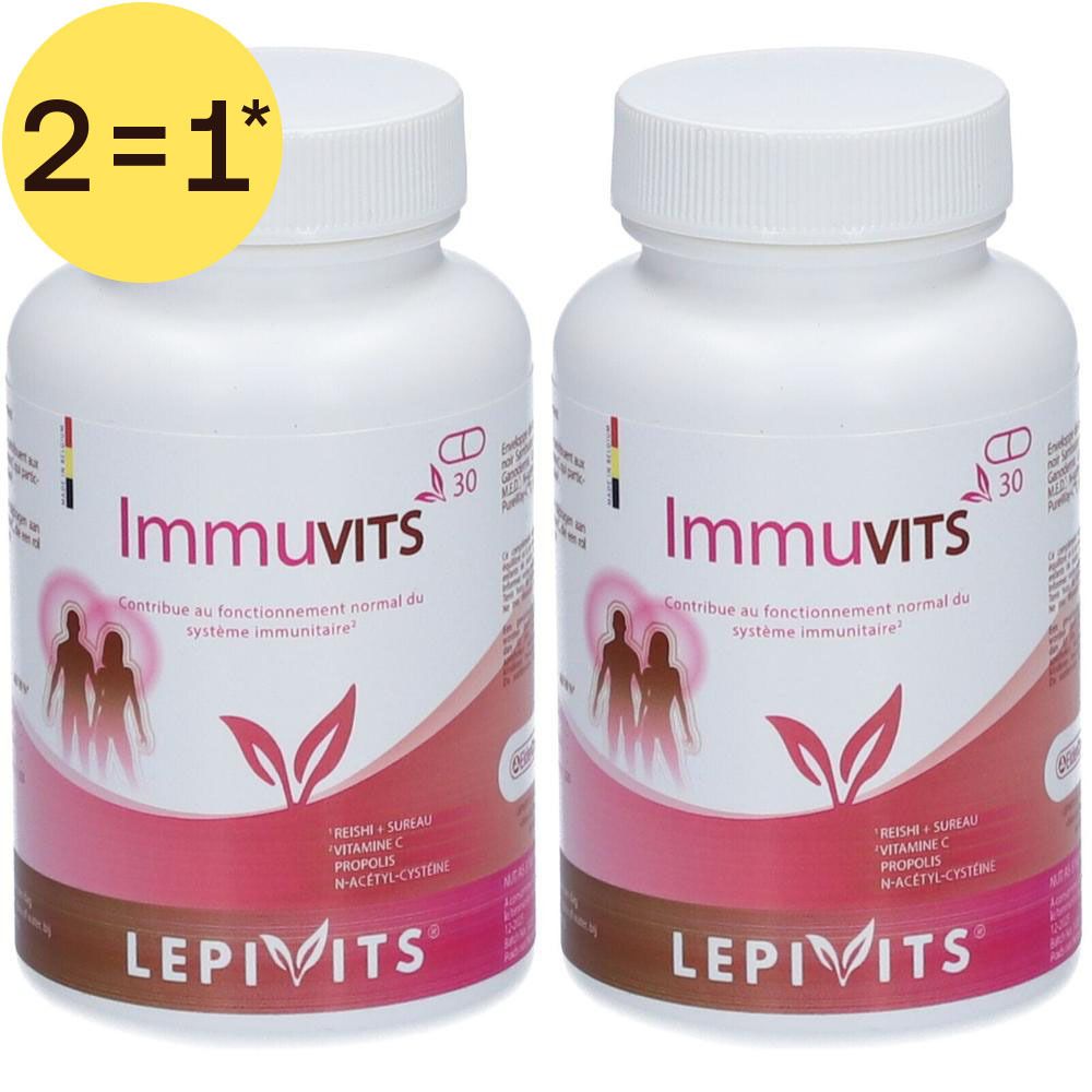 Twee flessen LepiVits ImmuVits voedingssupplementen, 30 capsules per fles.