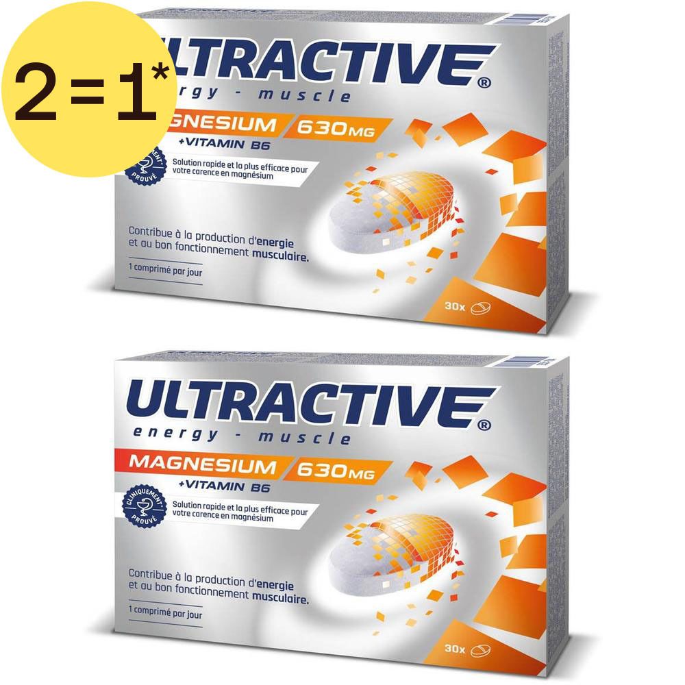 Deux paquets Ultractive Magnésium + Vitamine B6. Contient 2x 30 comprimés.