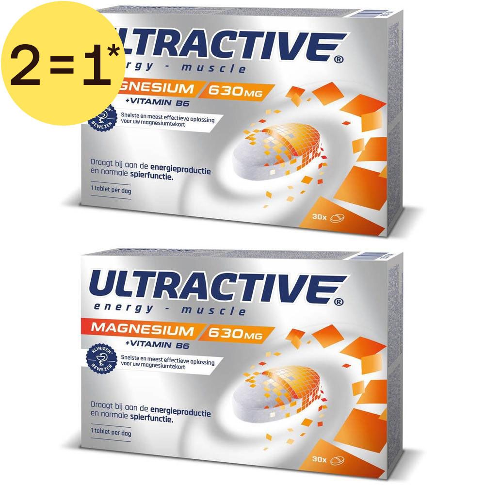 Twee pakken Ultractive Magnesium + Vitamine B6. Bevat 2x 30 tabletten.