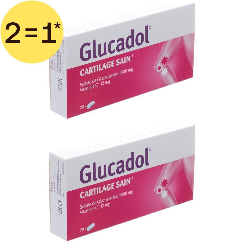 Deux boîtes de Glucadol® 1500mg avec Vitamine C. Carton design rose et blanc.