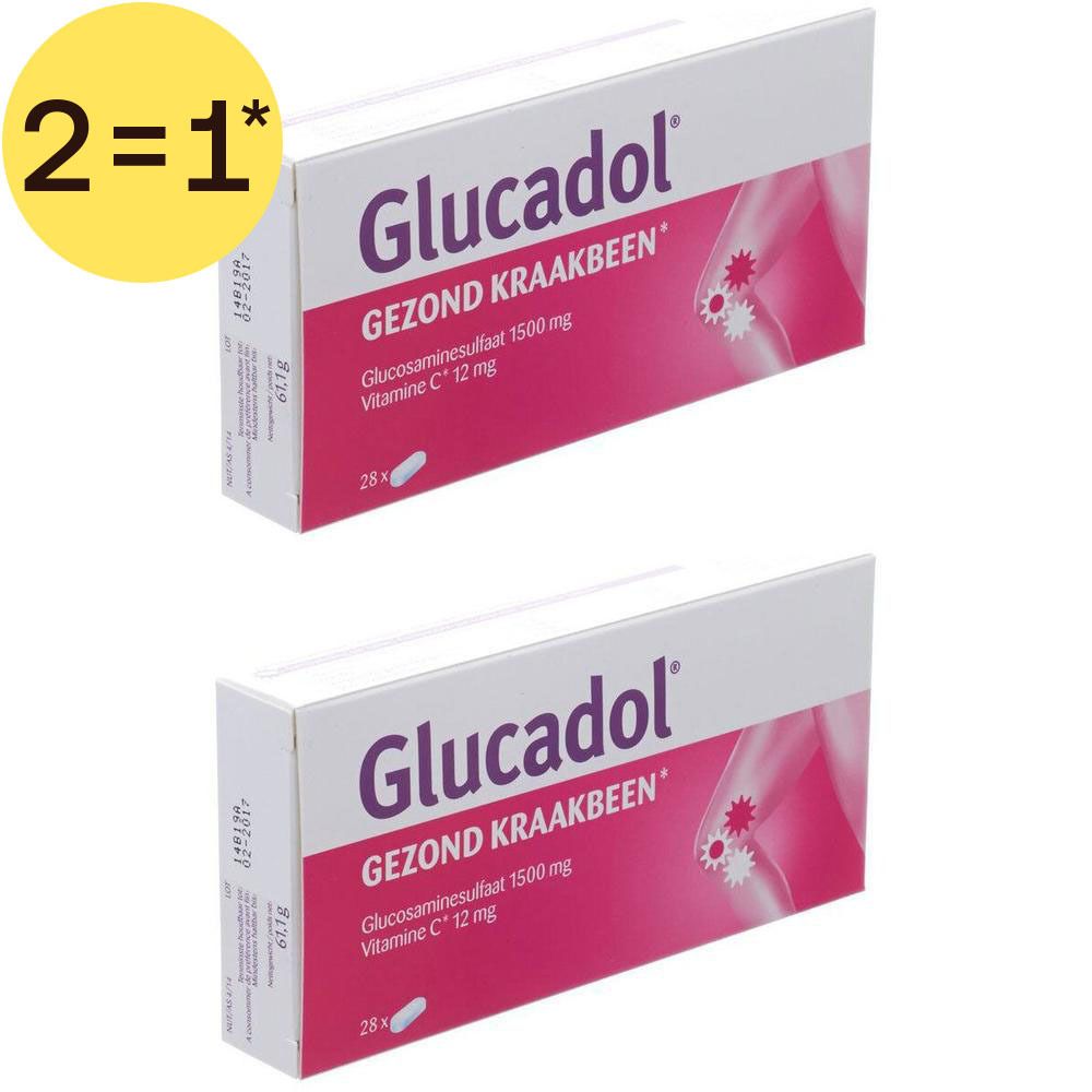 Twee pakken Glucadol® 1500mg met Vitamine C. Doos met roze en wit design.
