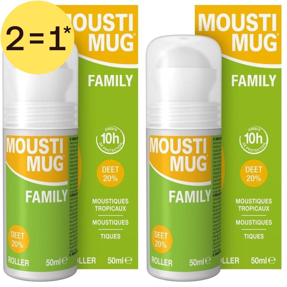 Deux roll-ons Mousti Mug Family avec 20% DEET pour moustiques tropicaux.