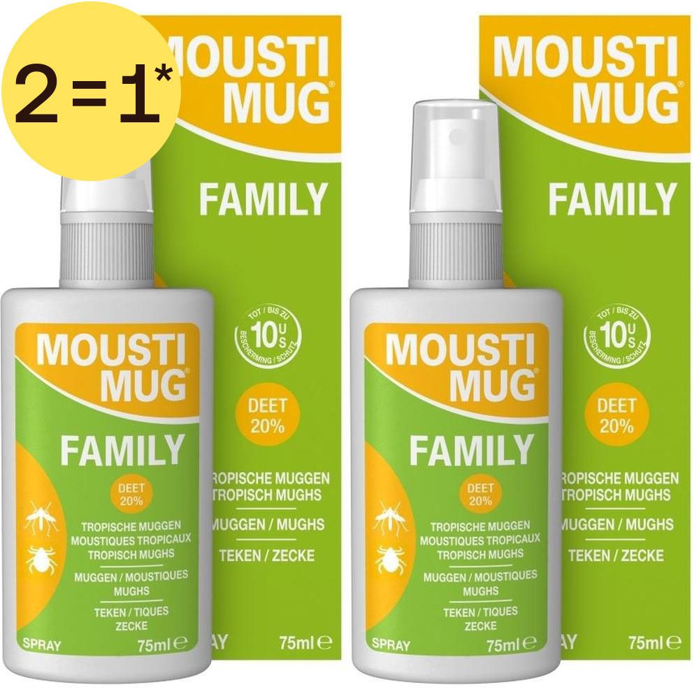 Twee Mousti Mug Family sprayflessen met 20% DEET voor tropische muggen.