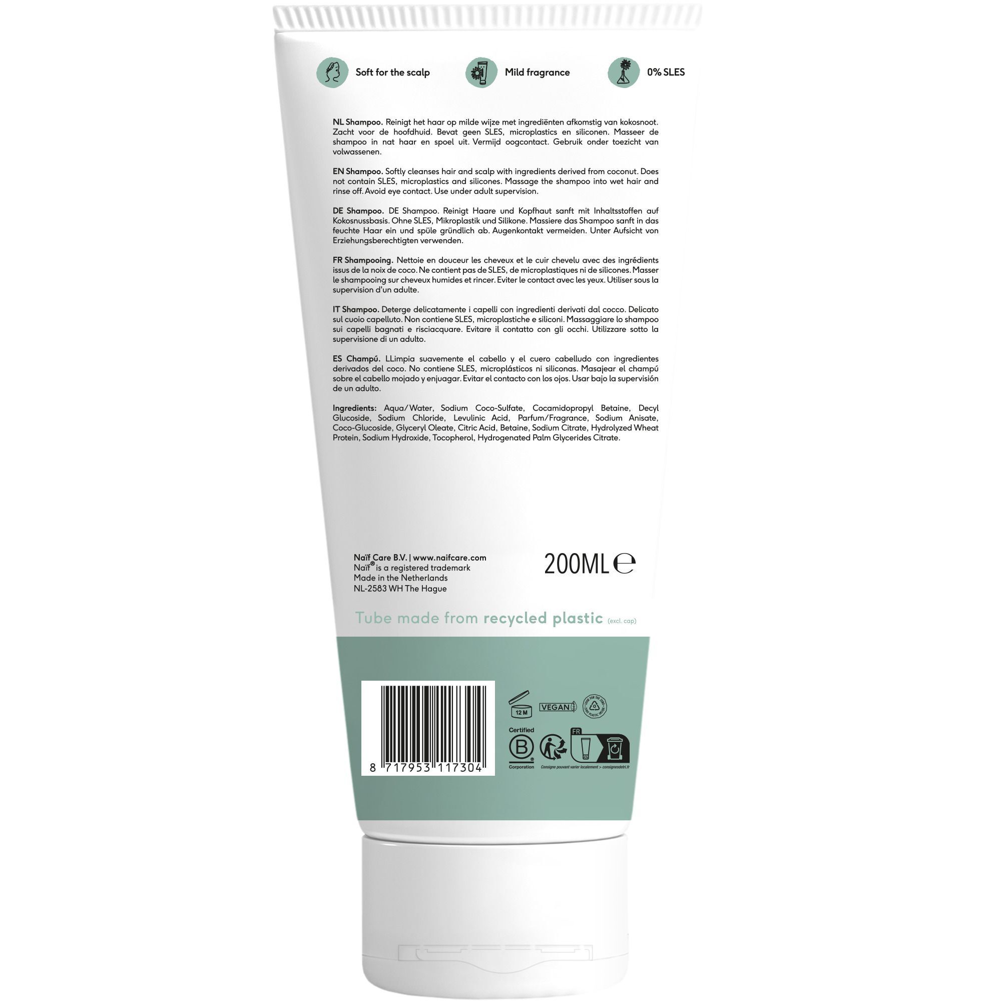 Arrière d'une bouteille de shampooing Naïf pour bébé avec ingrédients et logos.