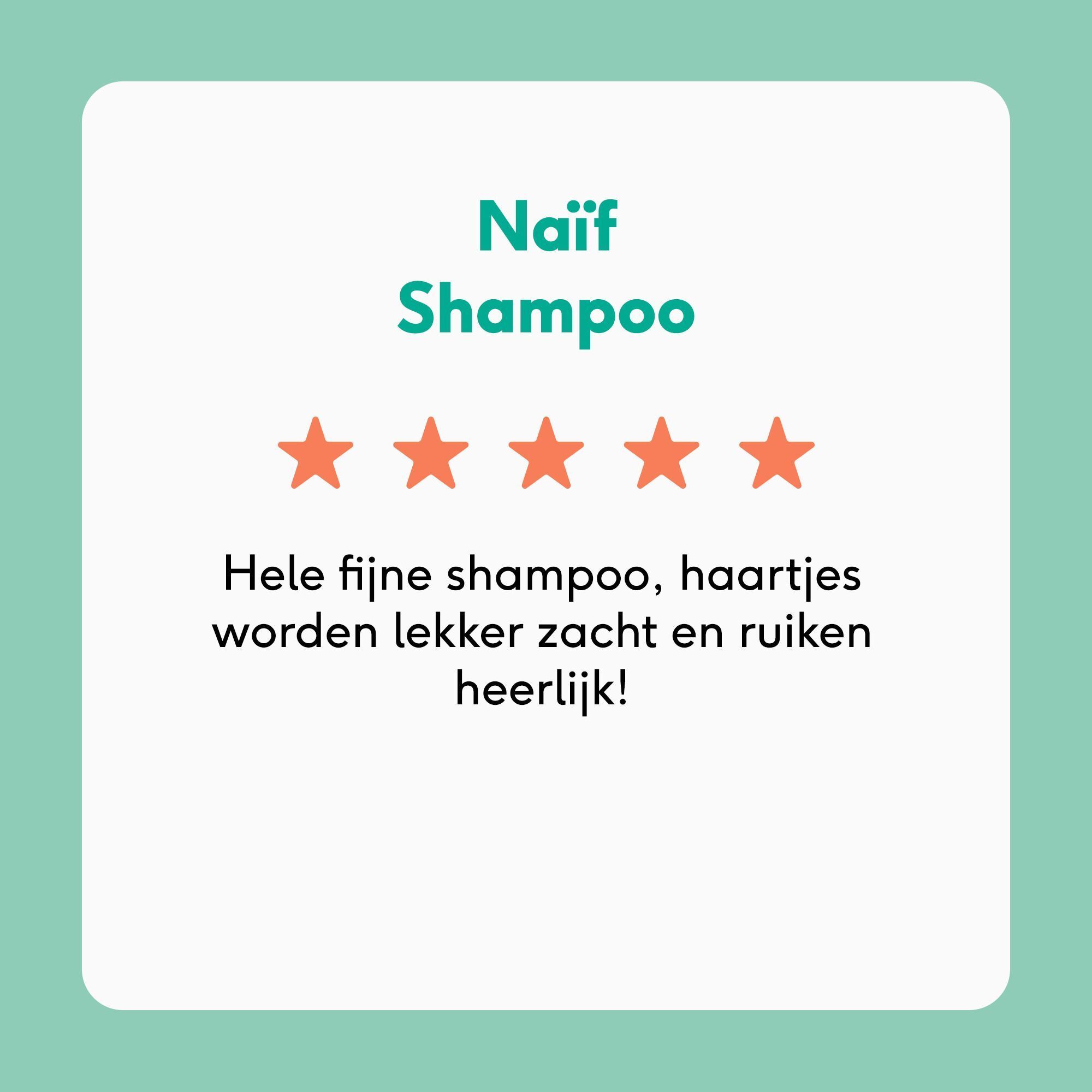 Klantbeoordeling voor Naïf shampoo: 5 sterren, zachte haartjes, heerlijke geur.