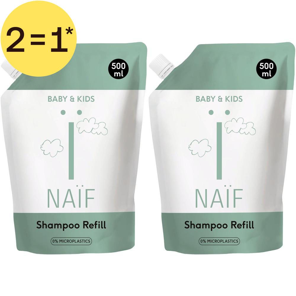 Twee Naïf baby shampoo navulverpakkingen, elk 500 ml. "2=1" aanbieding.