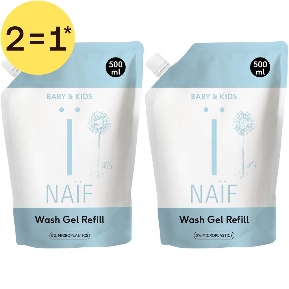 Deux recharges de gel lavant Naïf Baby & Kids, 500 ml chacune. Autocollant "2=1".