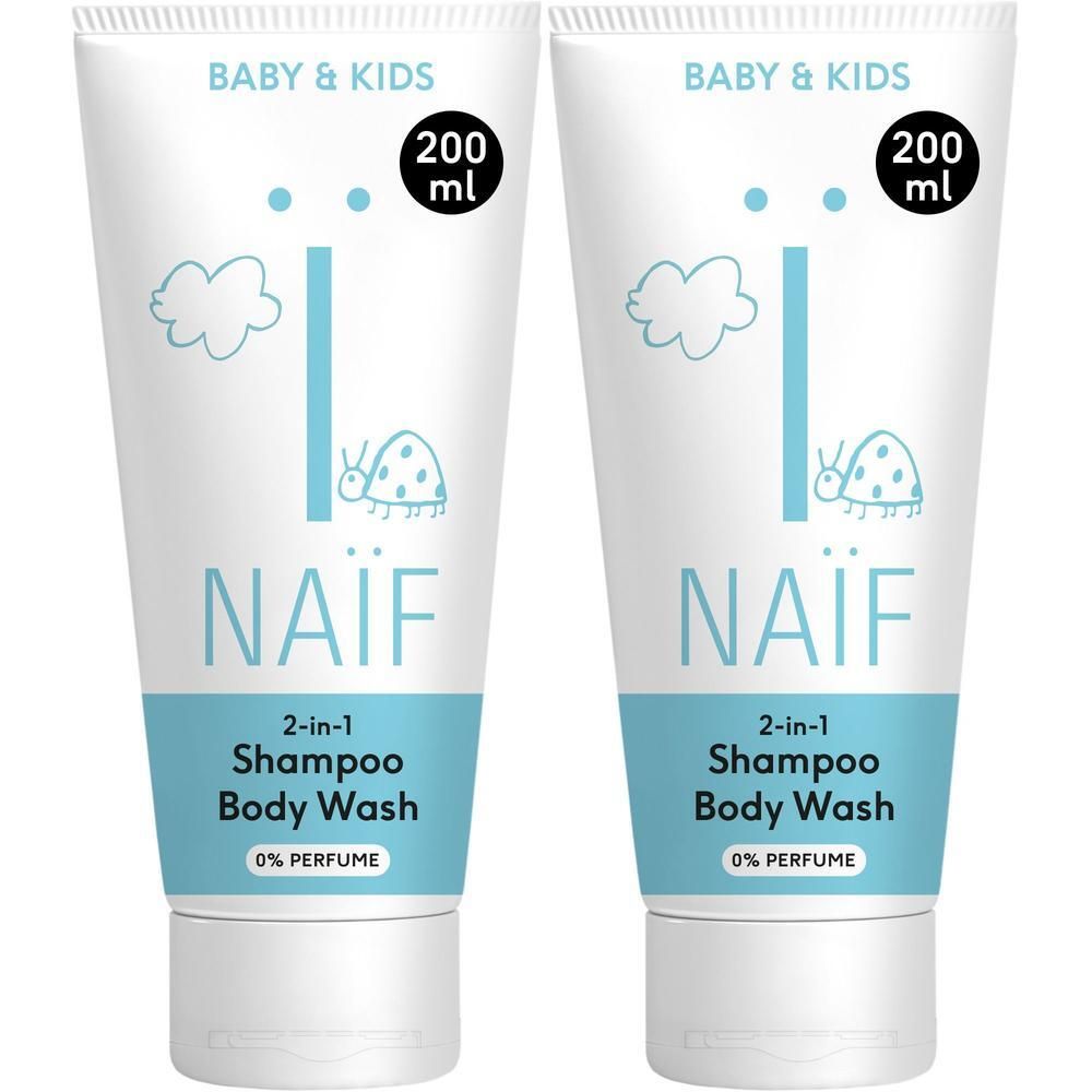 Deux tubes de NAÏF Shampooing & Gel Lavant 2-en-1, 200 ml chacun, avec motifs nuages et coccinelle.