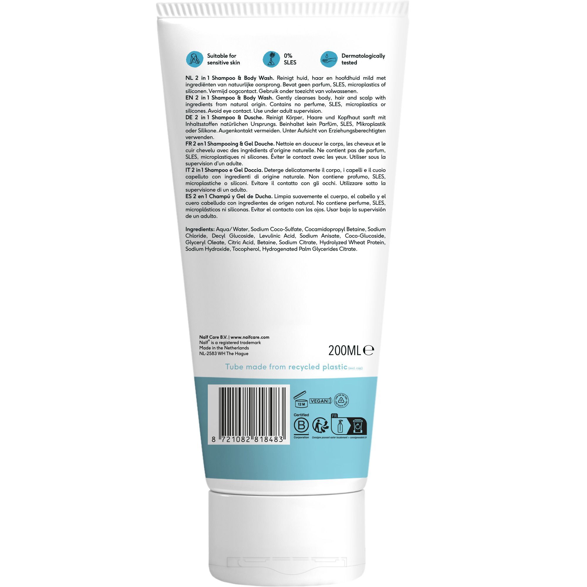 Arrière d'un tube de NAÏF Shampooing & Gel Lavant 2-en-1, 200 ml, avec informations et logos.
