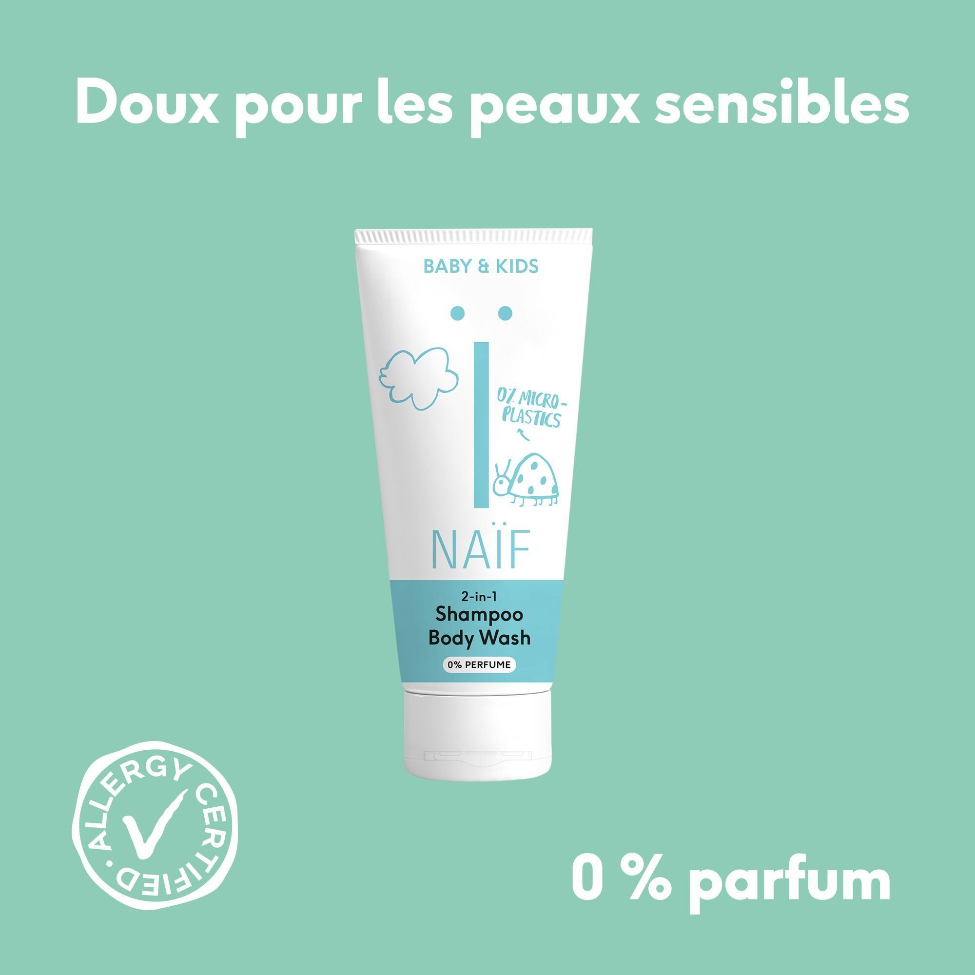Tube de NAÏF Shampooing & Gel Lavant 2-en-1, 200 ml, avec sceau "Allergy Certified" et "0% Parfum".