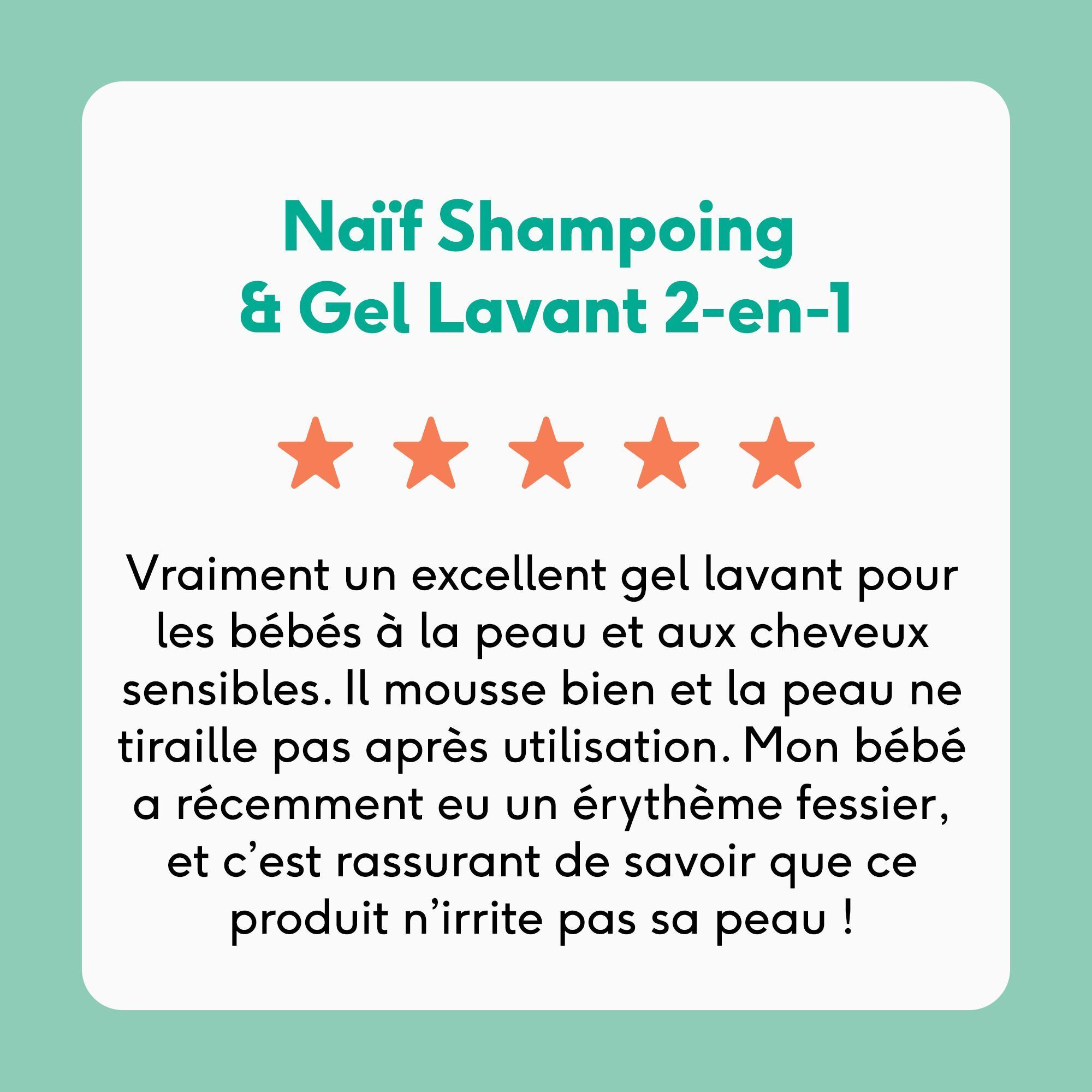 Avis client pour NAÏF Shampooing & Gel Lavant 2-en-1 avec 5 étoiles et texte positif.