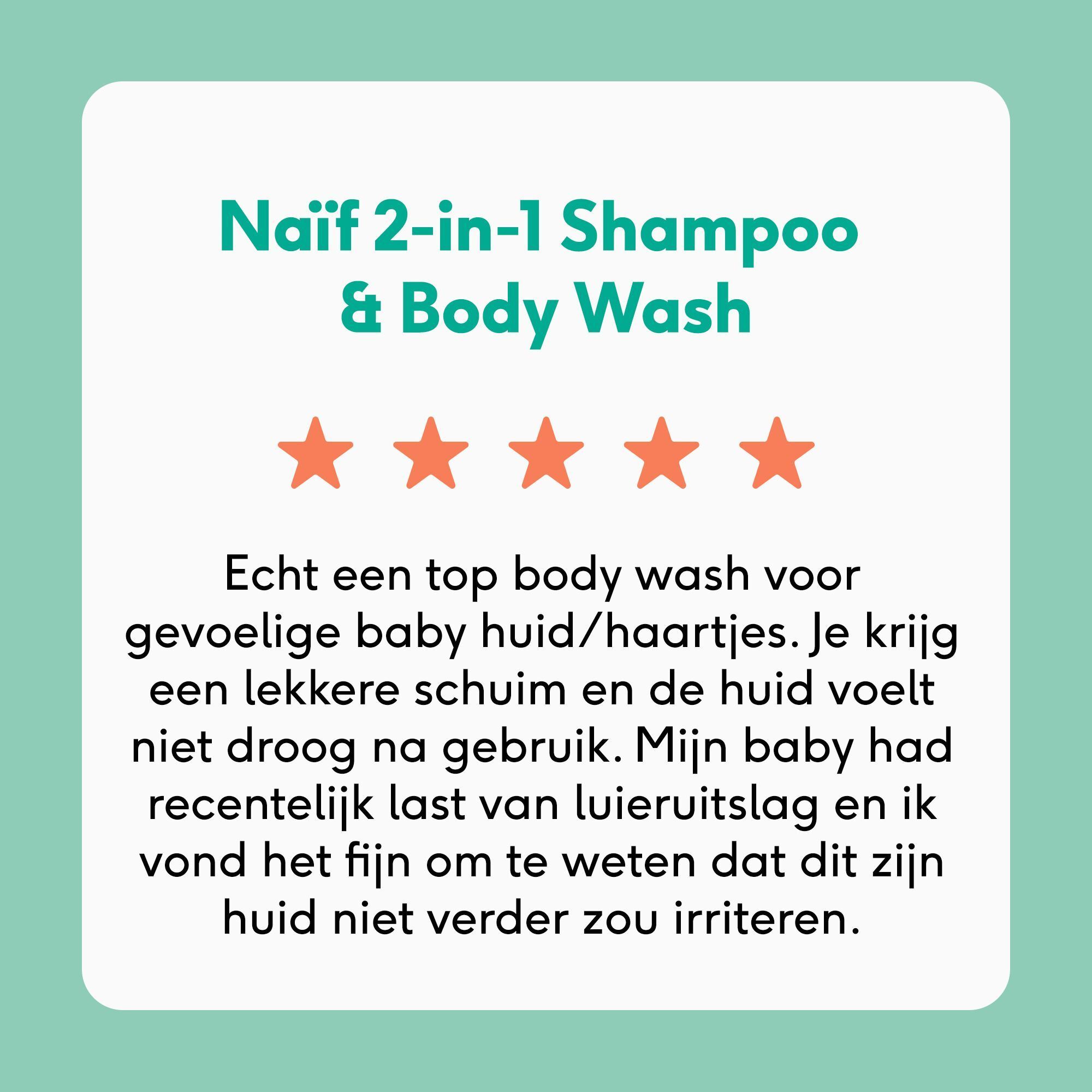 Klantbeoordeling voor NAÏF 2-in-1 Shampoo & Body Wash met 5 sterren en positieve tekst.