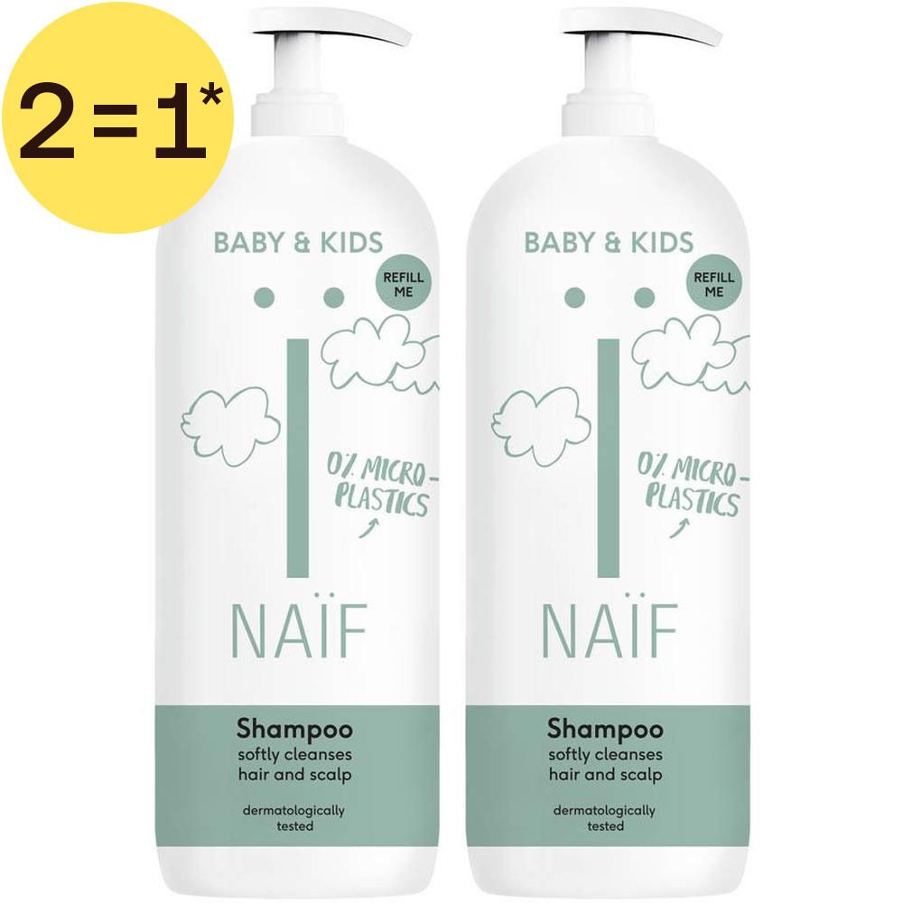 Deux flacons pompe blancs de shampooing Naïf Baby & Kids. 0% microplastique.