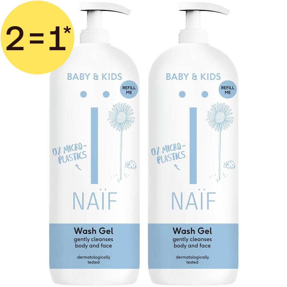 Twee witte pompdispensers met Naïf Baby & Kids Wash Gel. Dermatologisch getest.