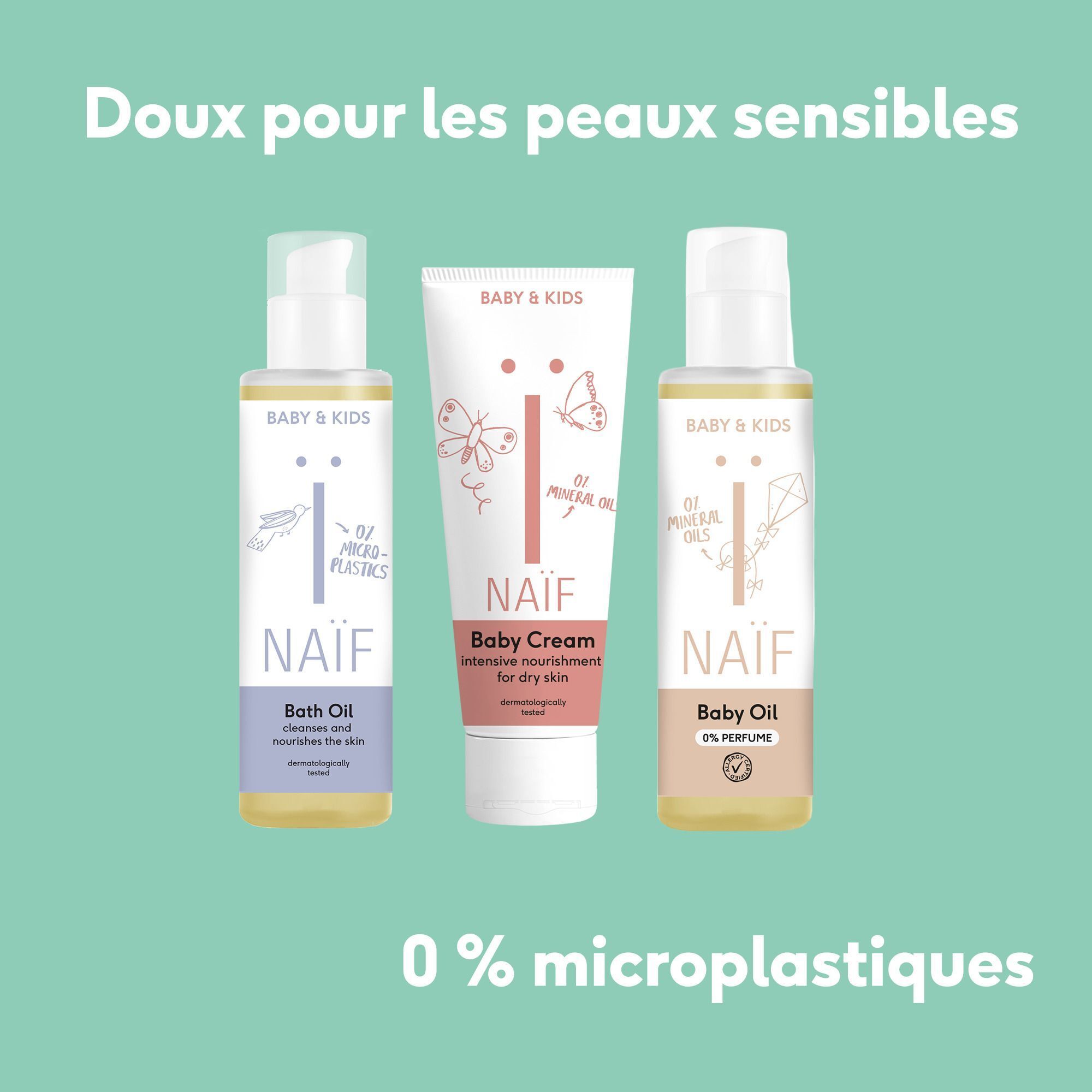 Trois produits Naïf : huile de bain, crème pour bébé et autre huile de bain.