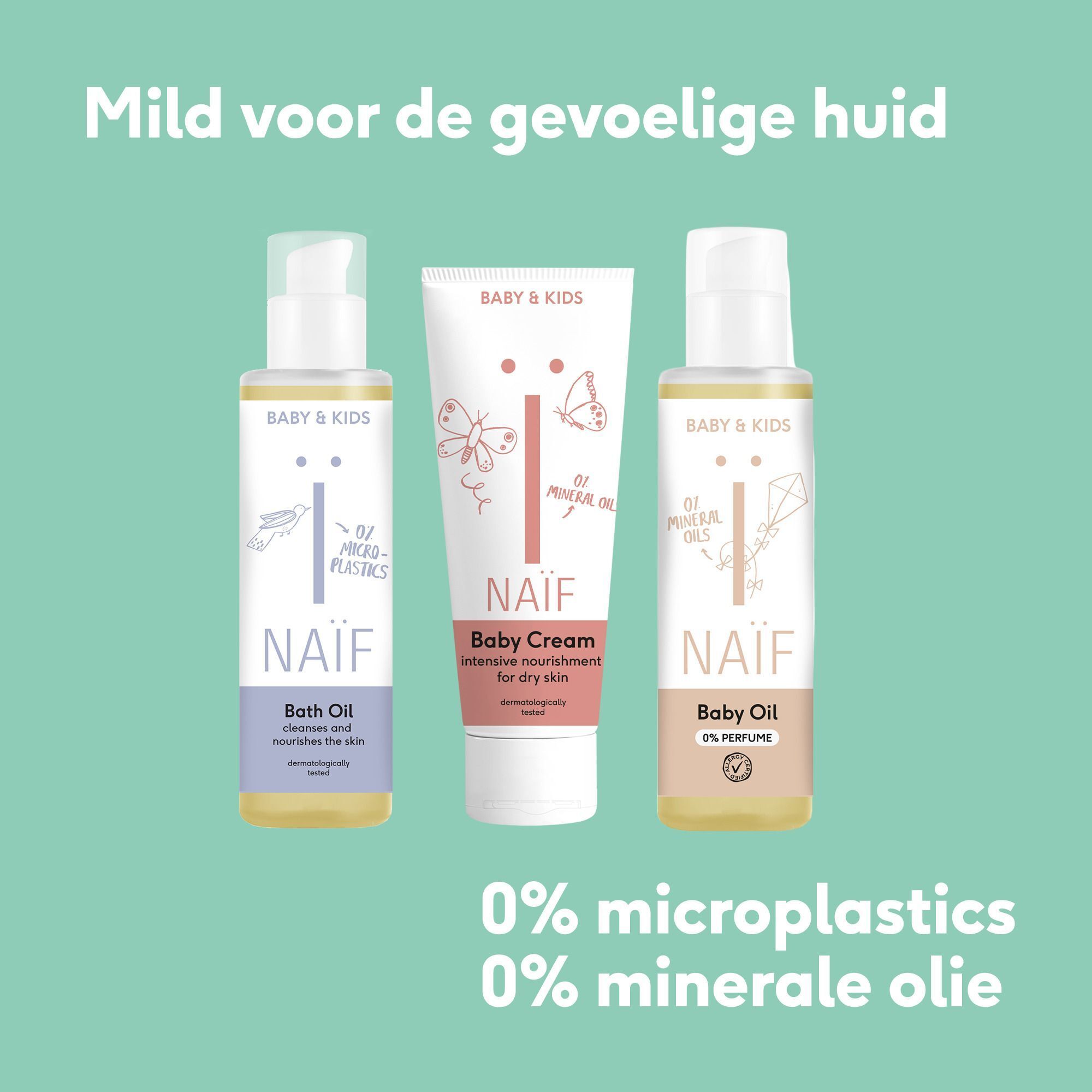 Drie Naïf producten: badolie, babycrème en nog een badolie.