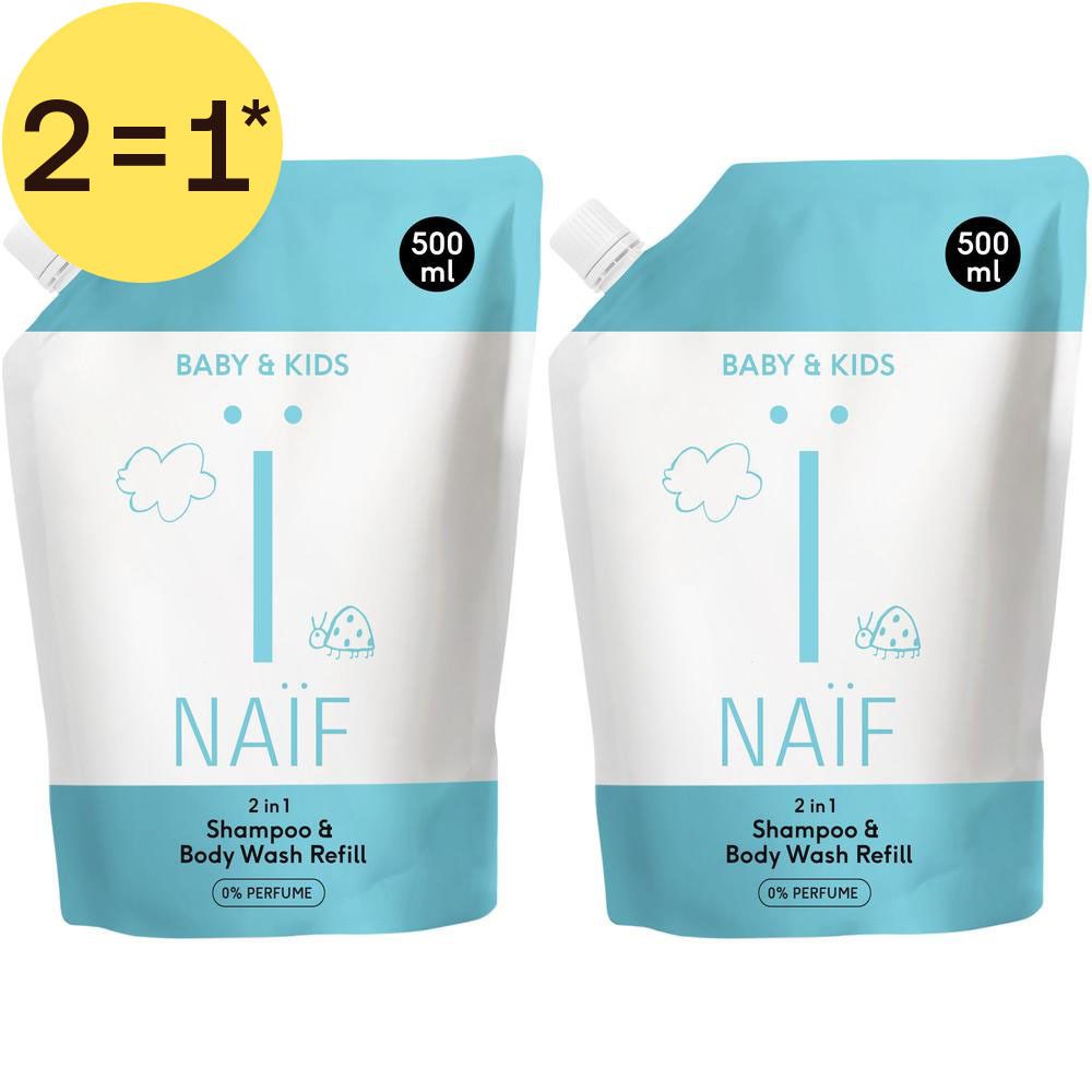 Twee Naïf 2-in-1 Shampoo & Body Wash navulverpakkingen voor baby en kind, elk 500 ml.